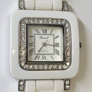 OSIROCK White Quartz Watch Rhinestone Square Adjustable Silicone Band